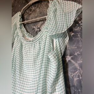 White House Black Market green & white checkered plaid peasant ruffle blouse top